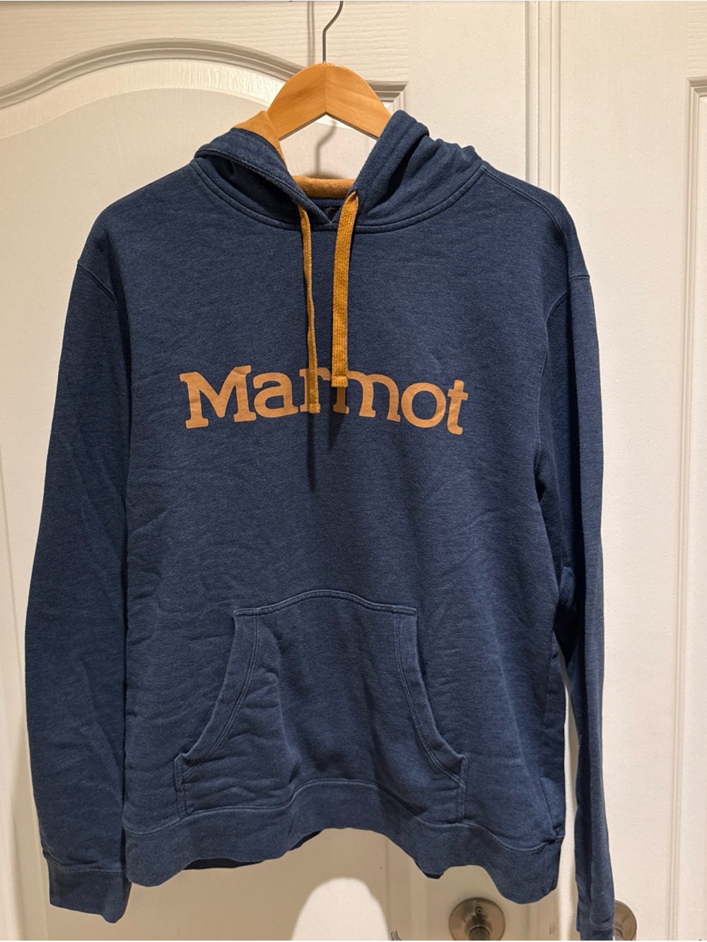 Marmot Navy Pullover Hoodie with Tan Accents